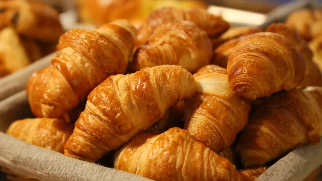Basket piled with freshly baked croissants