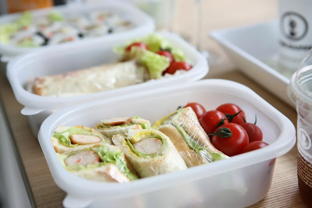 Wraps and cherry tomatoes packed in lidded meal containers